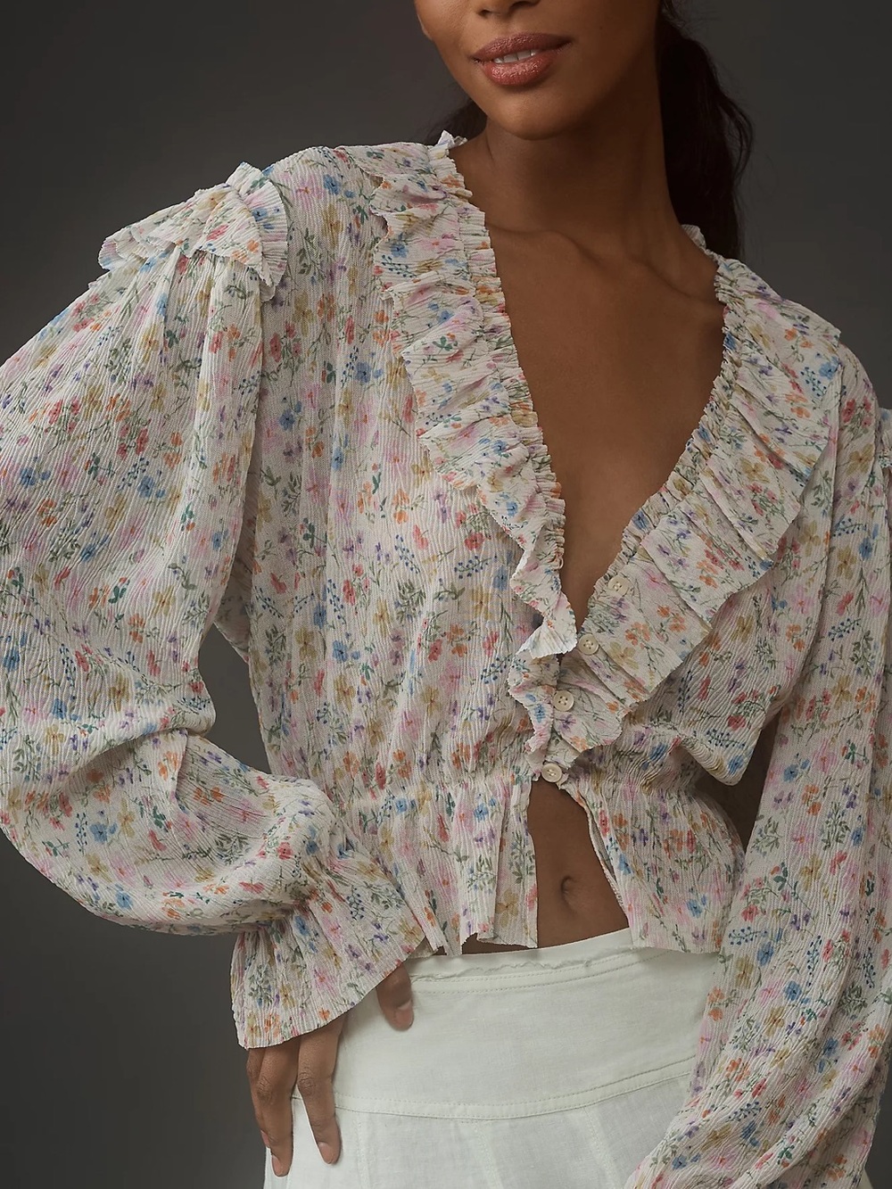 Anthropologie Floral Long-Sleeve Mesh Ruffle Blouse sz Large